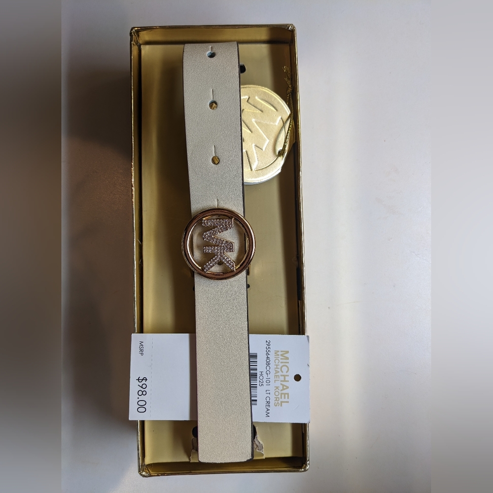 Michael Kors Ivory Cream Belt with Gold Logo Buckle, L-XL, NWT, Gift Boxed